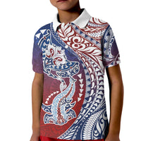 Hawaiian Manta Ray and Hammerhead Shark Tribal Tattoo Kid Polo Shirt with Polynesian Tribal Pattern Hawaii Flag Color