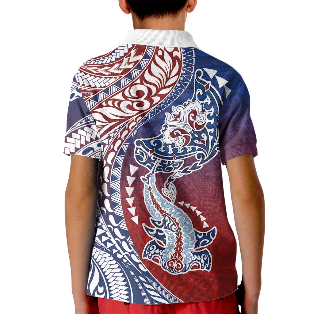 Hawaiian Manta Ray and Hammerhead Shark Tribal Tattoo Kid Polo Shirt with Polynesian Tribal Pattern Hawaii Flag Color
