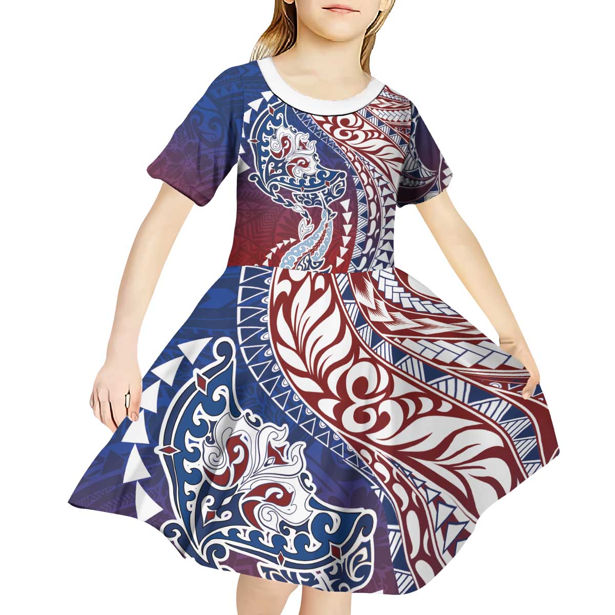 Hawaiian Manta Ray and Hammerhead Shark Tribal Tattoo Kid Short Sleeve Dress with Polynesian Tribal Pattern Hawaii Flag Color