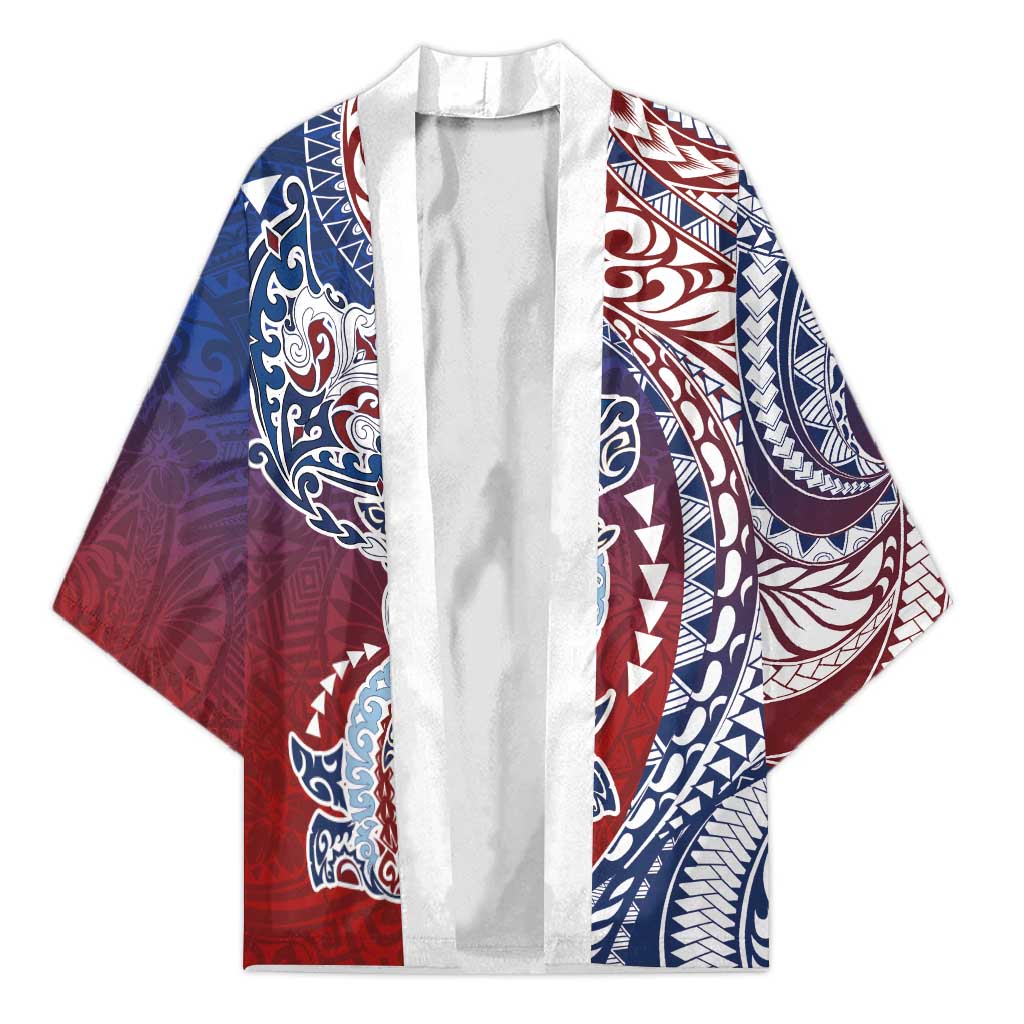 Hawaiian Manta Ray and Hammerhead Shark Tribal Tattoo Kimono with Polynesian Tribal Pattern Hawaii Flag Color