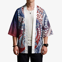 Hawaiian Manta Ray and Hammerhead Shark Tribal Tattoo Kimono with Polynesian Tribal Pattern Hawaii Flag Color