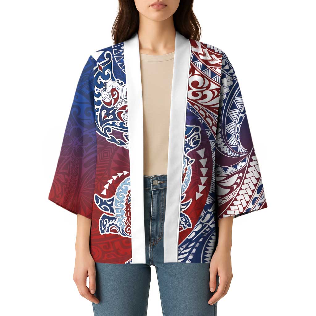 Hawaiian Manta Ray and Hammerhead Shark Tribal Tattoo Kimono with Polynesian Tribal Pattern Hawaii Flag Color