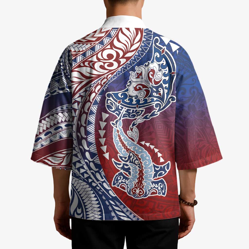 Hawaiian Manta Ray and Hammerhead Shark Tribal Tattoo Kimono with Polynesian Tribal Pattern Hawaii Flag Color