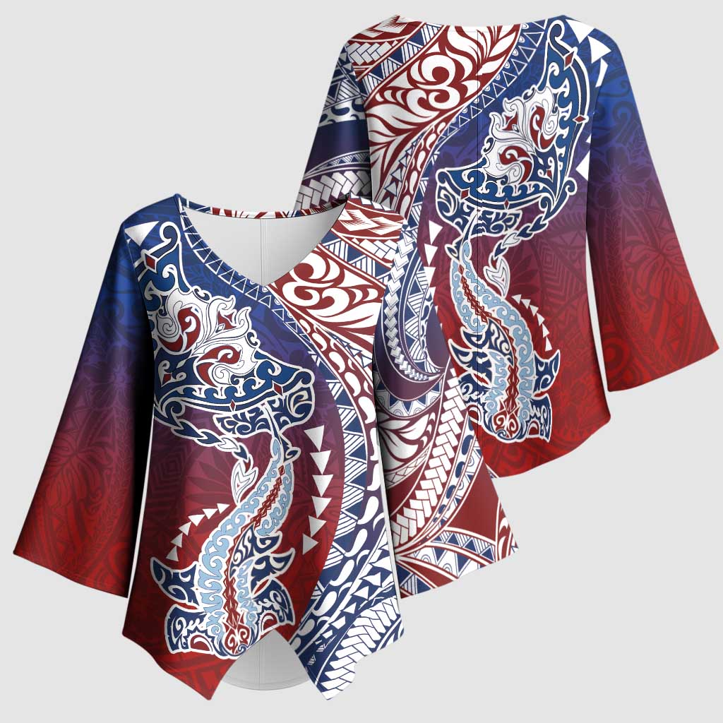 Hawaiian Manta Ray and Hammerhead Shark Tribal Tattoo Kimono Sleeve Blouse with Polynesian Tribal Pattern Hawaii Flag Color