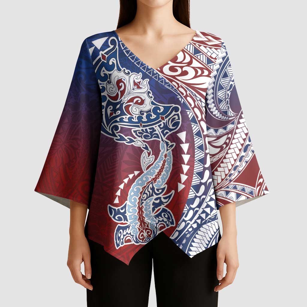 Hawaiian Manta Ray and Hammerhead Shark Tribal Tattoo Kimono Sleeve Blouse with Polynesian Tribal Pattern Hawaii Flag Color