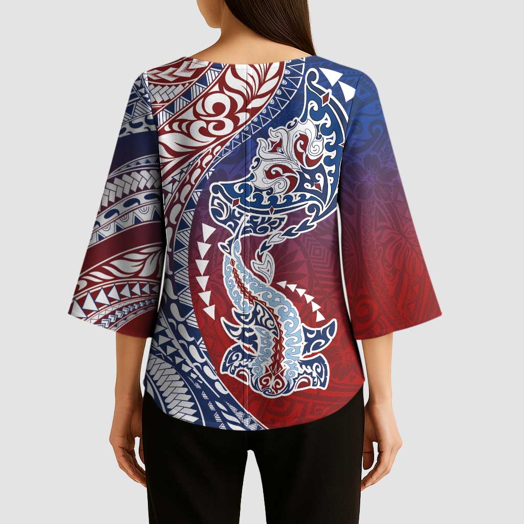 Hawaiian Manta Ray and Hammerhead Shark Tribal Tattoo Kimono Sleeve Blouse with Polynesian Tribal Pattern Hawaii Flag Color
