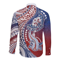 Hawaiian Manta Ray and Hammerhead Shark Tribal Tattoo Long Sleeve Button Shirt with Polynesian Tribal Pattern Hawaii Flag Color