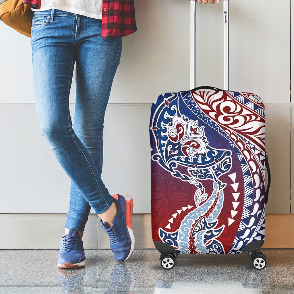 Hawaiian Manta Ray and Hammerhead Shark Tribal Tattoo Luggage Cover with Polynesian Tribal Pattern Hawaii Flag Color