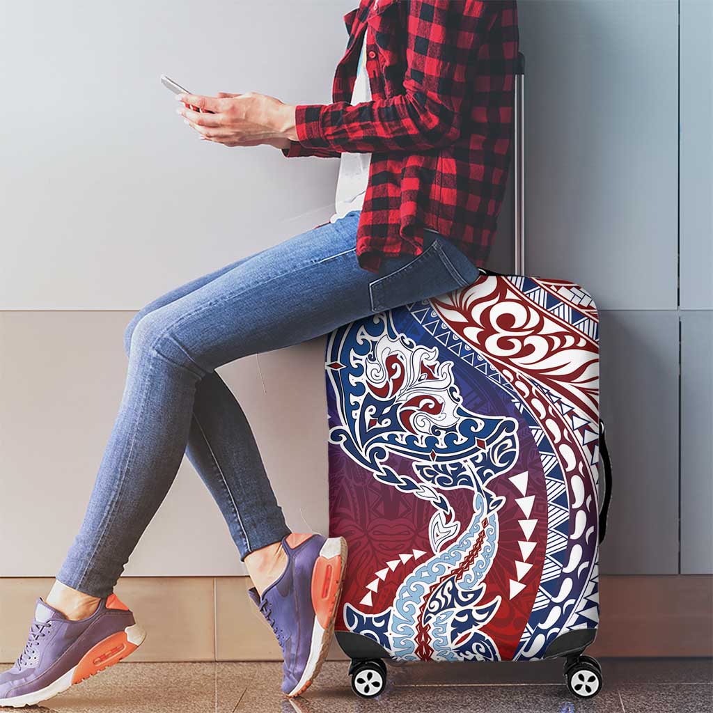 Hawaiian Manta Ray and Hammerhead Shark Tribal Tattoo Luggage Cover with Polynesian Tribal Pattern Hawaii Flag Color