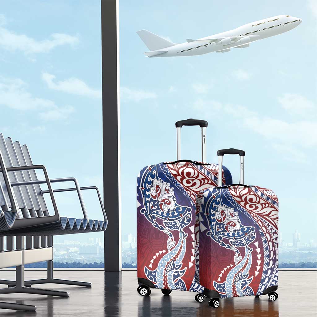 Hawaiian Manta Ray and Hammerhead Shark Tribal Tattoo Luggage Cover with Polynesian Tribal Pattern Hawaii Flag Color
