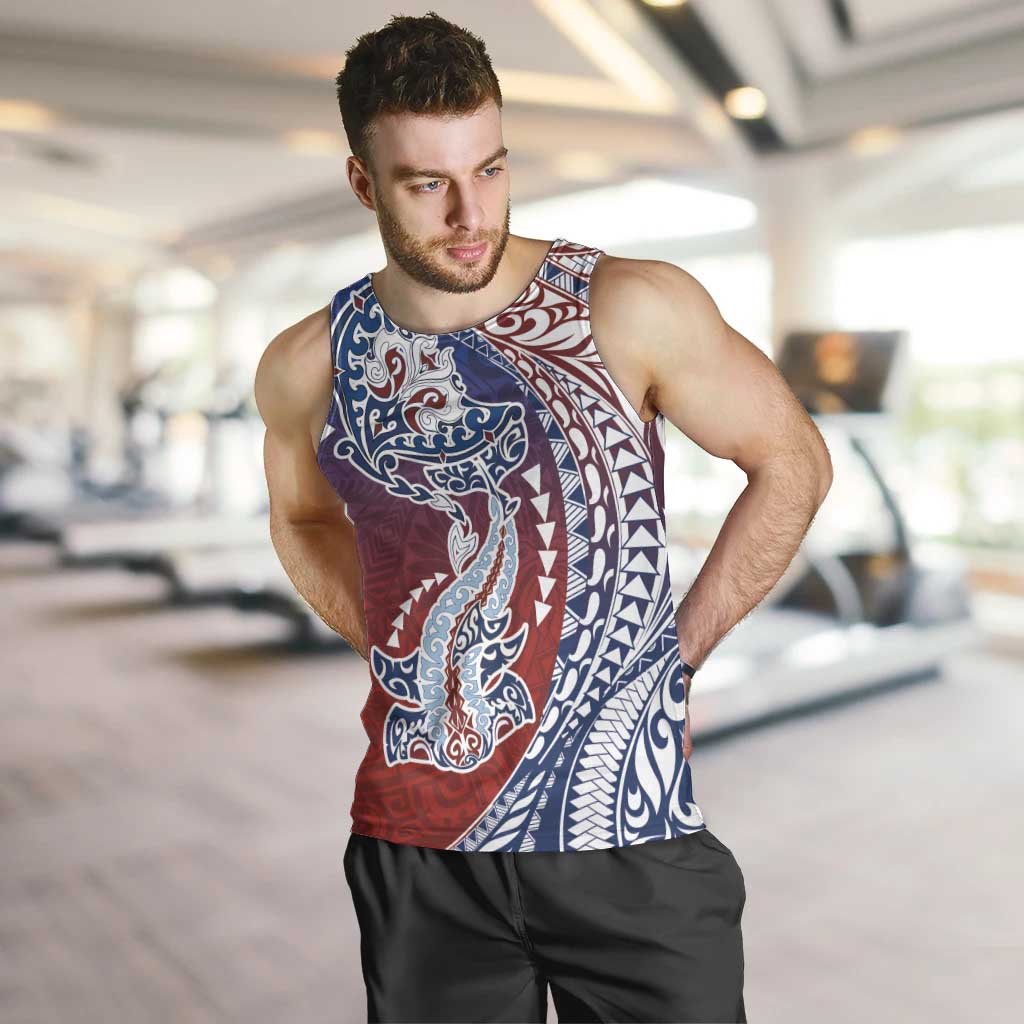 Hawaiian Manta Ray and Hammerhead Shark Tribal Tattoo Men Tank Top with Polynesian Tribal Pattern Hawaii Flag Color