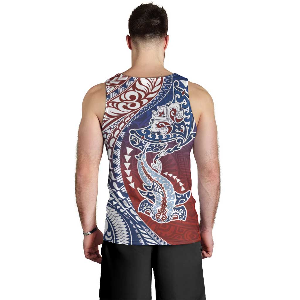 Hawaiian Manta Ray and Hammerhead Shark Tribal Tattoo Men Tank Top with Polynesian Tribal Pattern Hawaii Flag Color