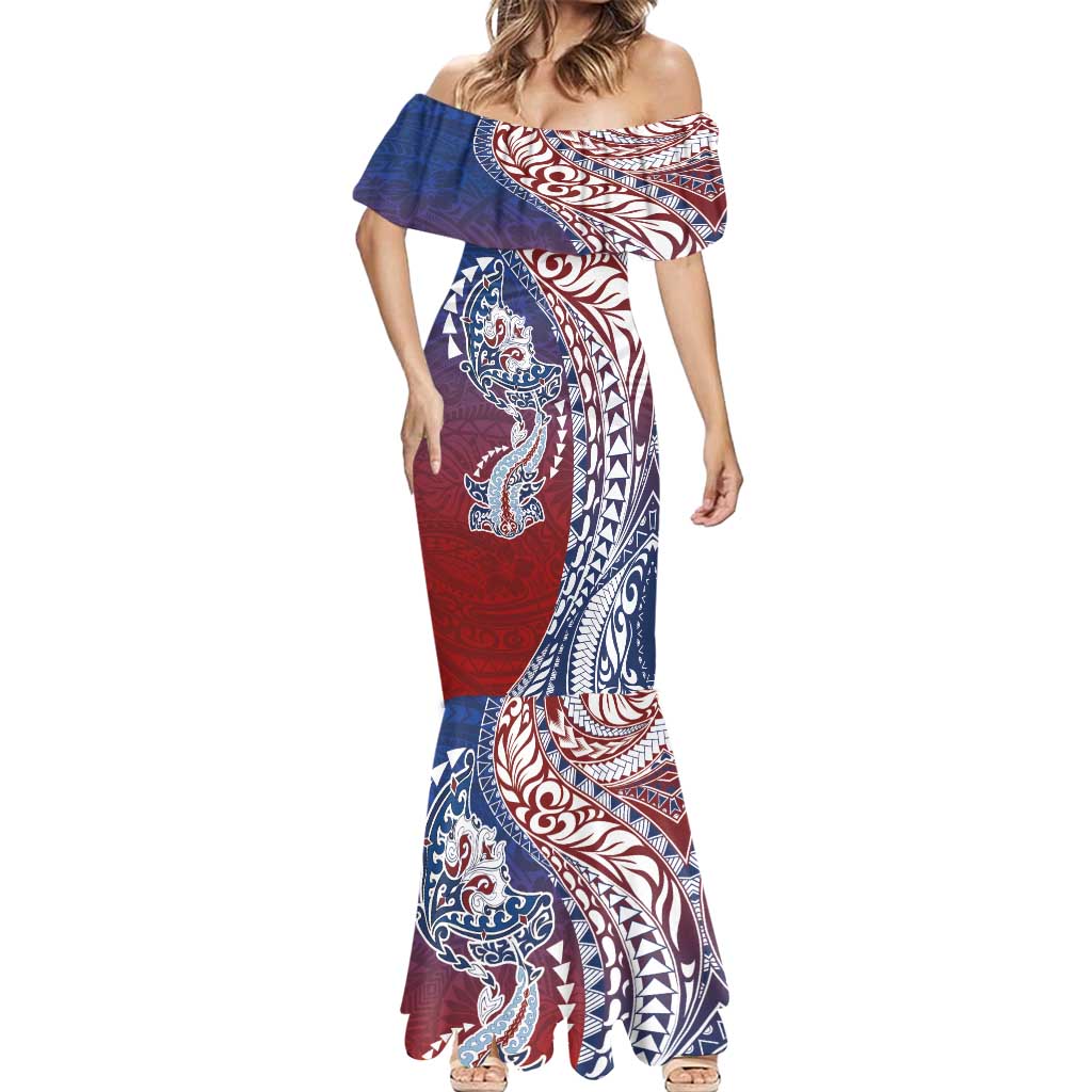 Hawaiian Manta Ray and Hammerhead Shark Tribal Tattoo Mermaid Dress with Polynesian Tribal Pattern Hawaii Flag Color