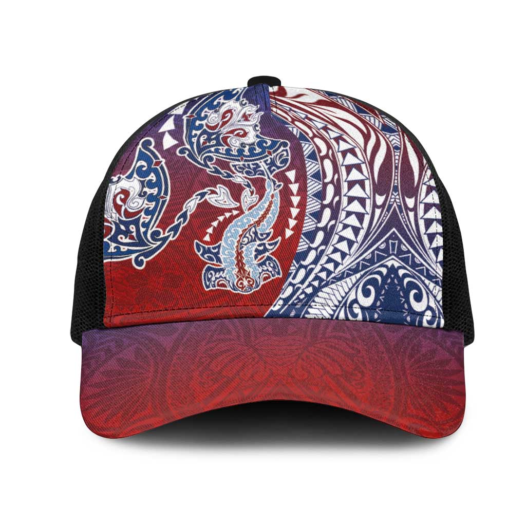 Hawaiian Manta Ray and Hammerhead Shark Tribal Tattoo Mesh Trucker Cap with Polynesian Tribal Pattern Hawaii Flag Color