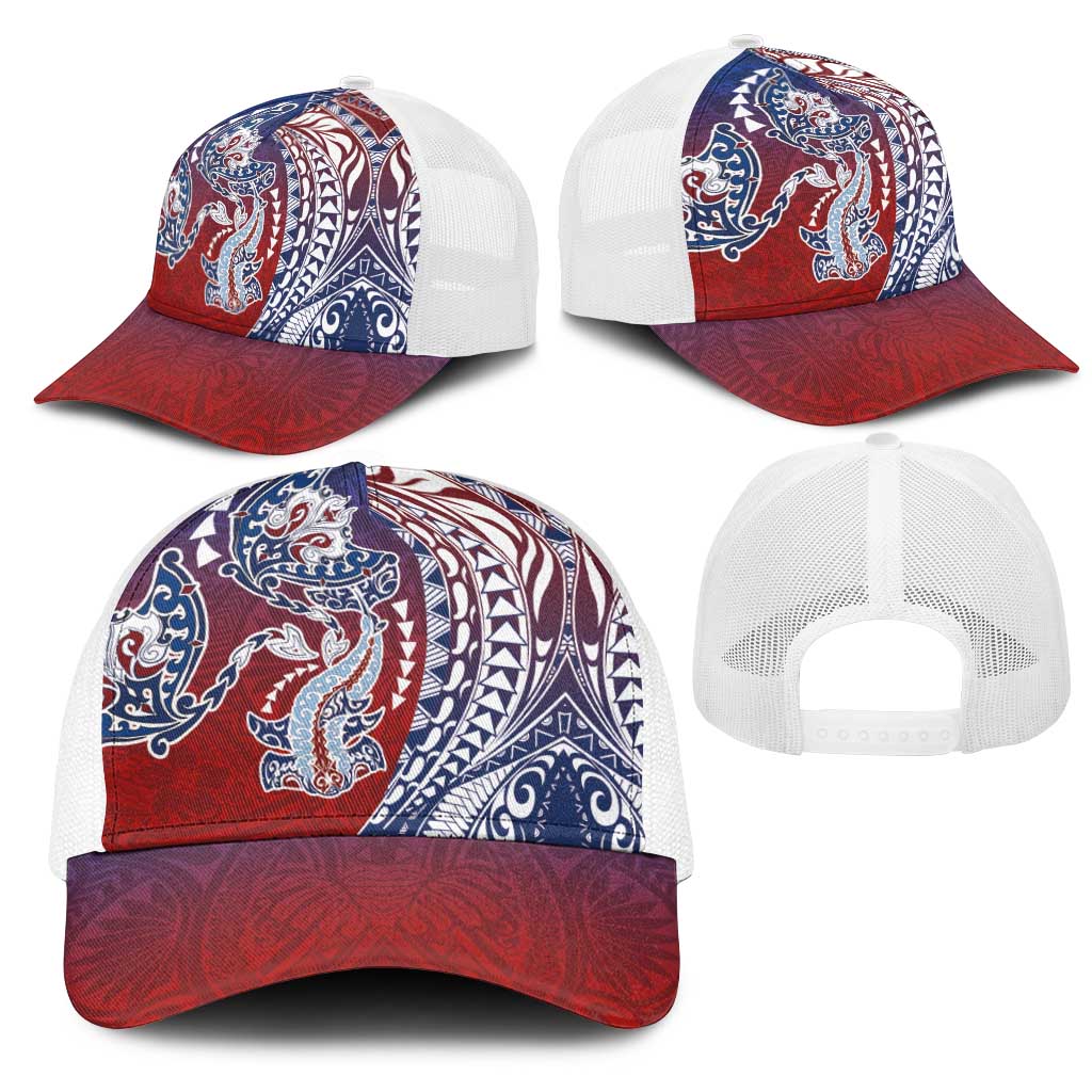 Hawaiian Manta Ray and Hammerhead Shark Tribal Tattoo Mesh Trucker Cap with Polynesian Tribal Pattern Hawaii Flag Color