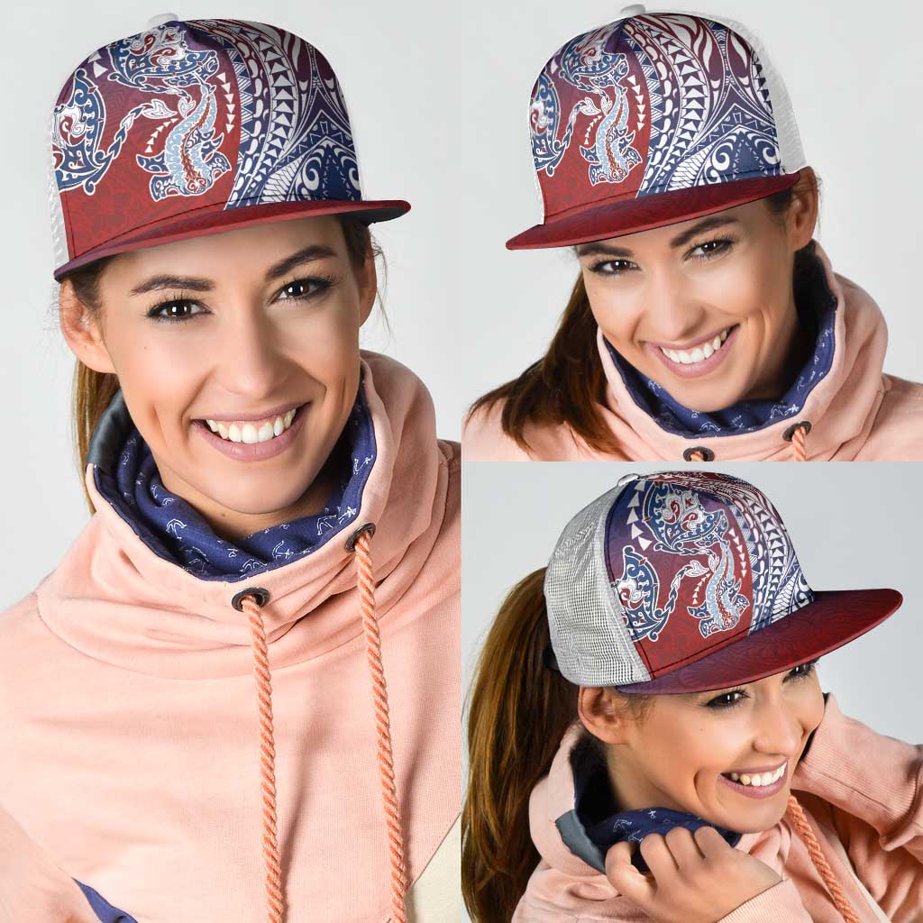 Hawaiian Manta Ray and Hammerhead Shark Tribal Tattoo Mesh Trucker Cap with Polynesian Tribal Pattern Hawaii Flag Color
