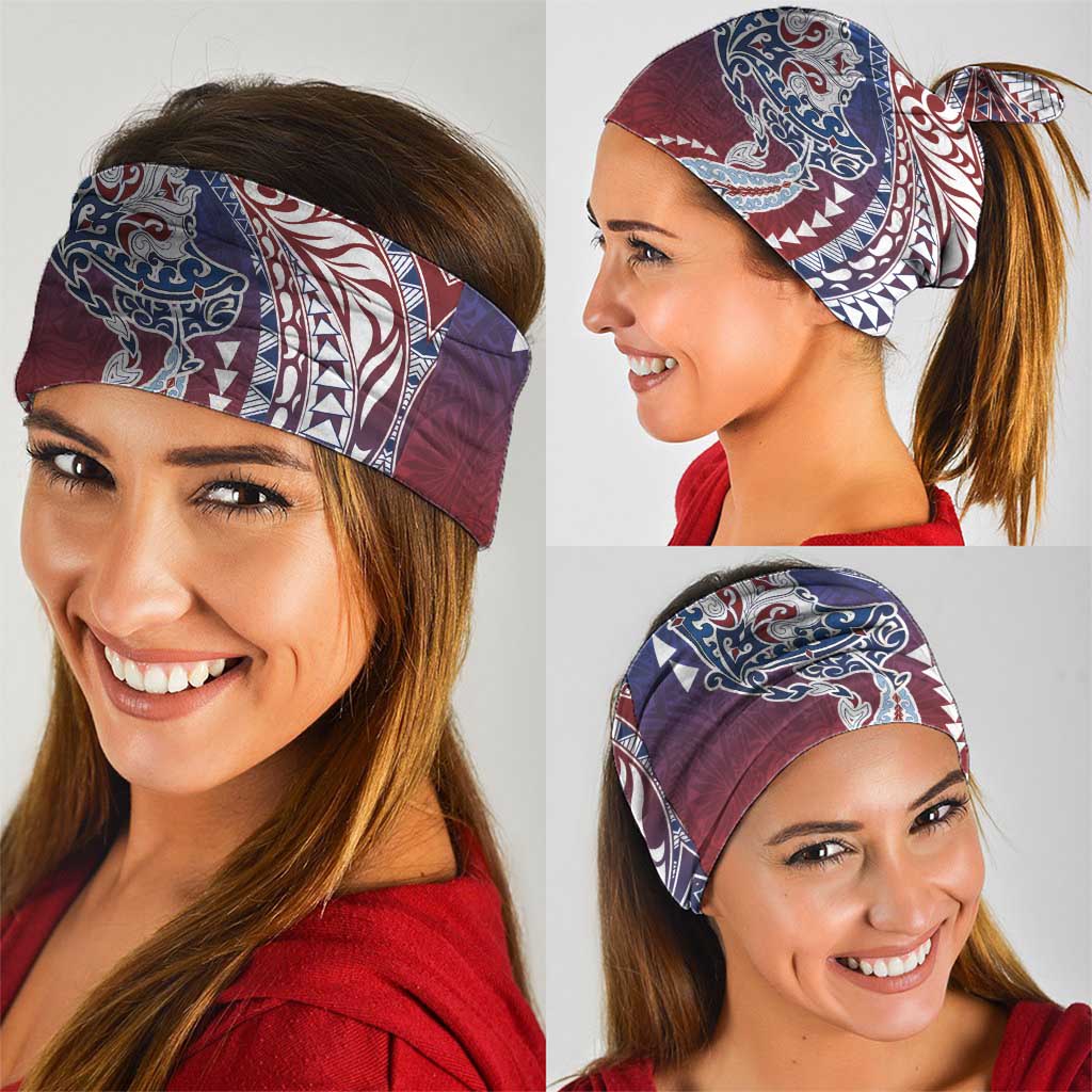 Hawaiian Manta Ray and Hammerhead Shark Tribal Tattoo Neck Gaiter with Polynesian Tribal Pattern Hawaii Flag Color