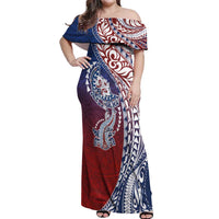 Hawaiian Manta Ray and Hammerhead Shark Tribal Tattoo Off Shoulder Maxi Dress with Polynesian Tribal Pattern Hawaii Flag Color
