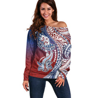 Hawaiian Manta Ray and Hammerhead Shark Tribal Tattoo Off Shoulder Sweater with Polynesian Tribal Pattern Hawaii Flag Color