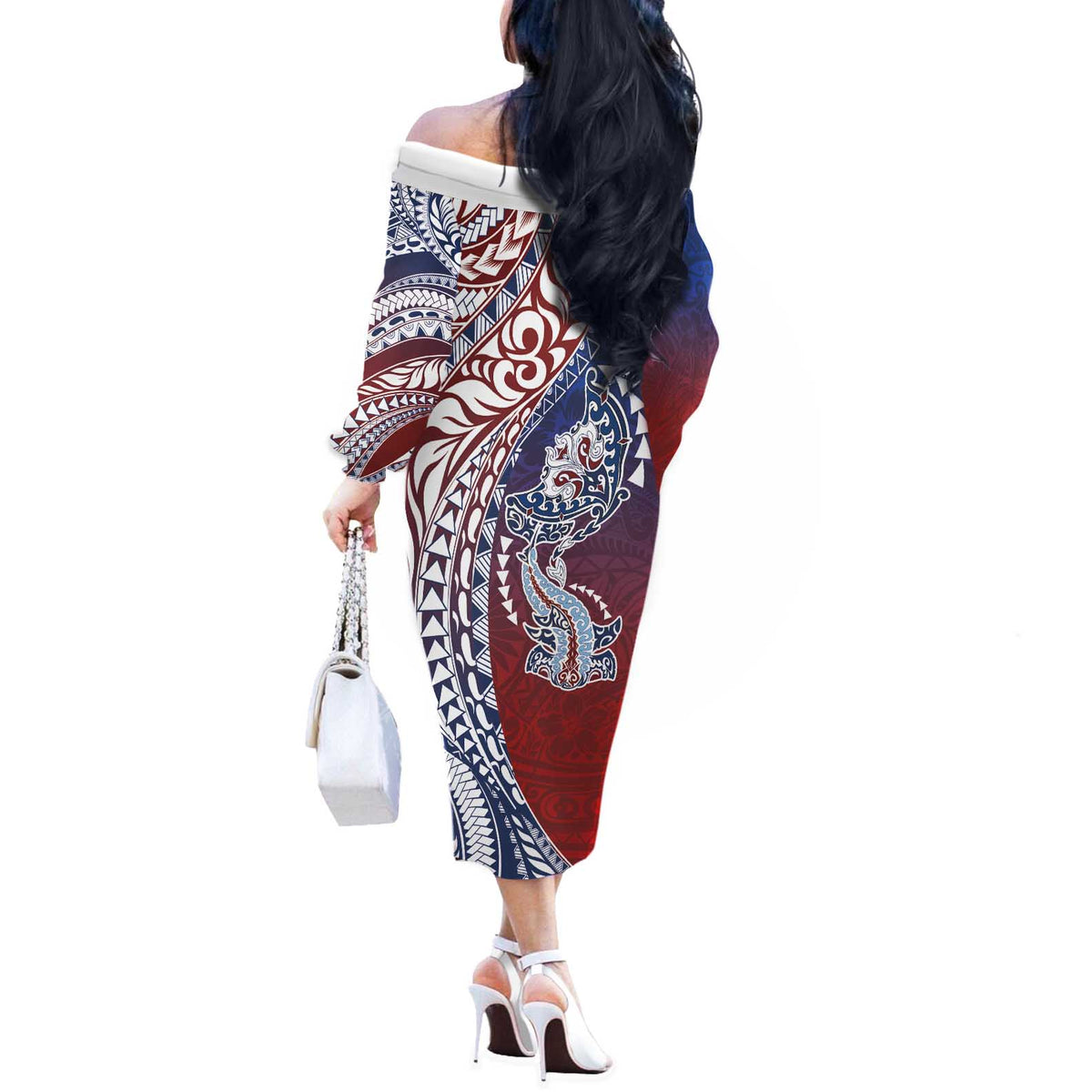 Hawaiian Manta Ray and Hammerhead Shark Tribal Tattoo Off The Shoulder Long Sleeve Dress with Polynesian Tribal Pattern Hawaii Flag Color
