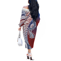 Hawaiian Manta Ray and Hammerhead Shark Tribal Tattoo Off The Shoulder Long Sleeve Dress with Polynesian Tribal Pattern Hawaii Flag Color