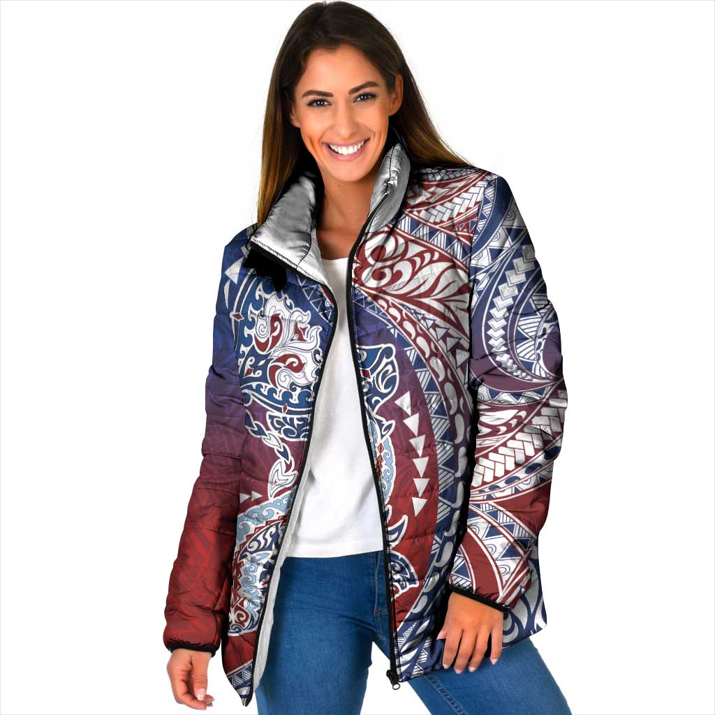 Hawaiian Manta Ray and Hammerhead Shark Tribal Tattoo Padded Jacket with Polynesian Tribal Pattern Hawaii Flag Color