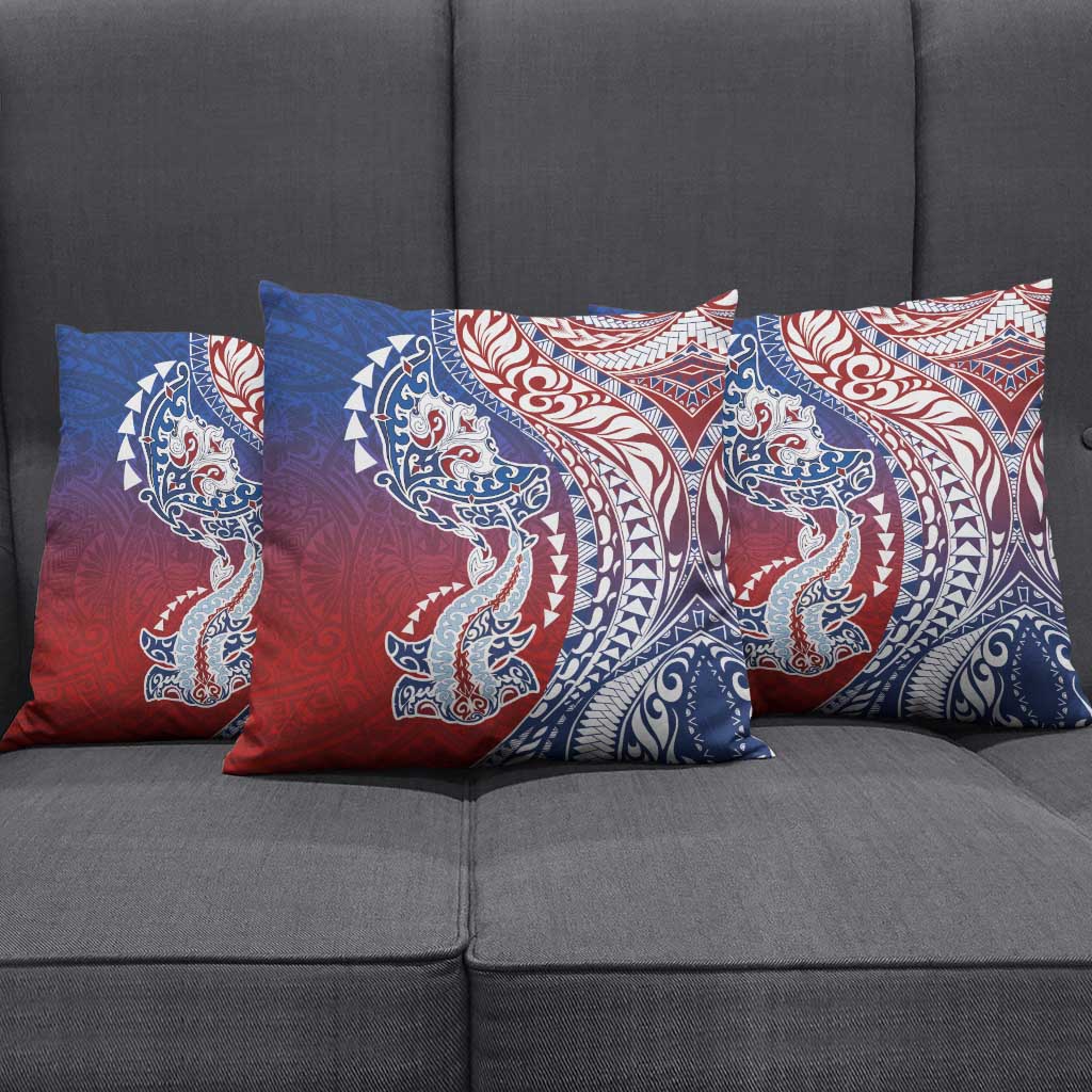 Hawaiian Manta Ray and Hammerhead Shark Tribal Tattoo Pillow Cover with Polynesian Tribal Pattern Hawaii Flag Color