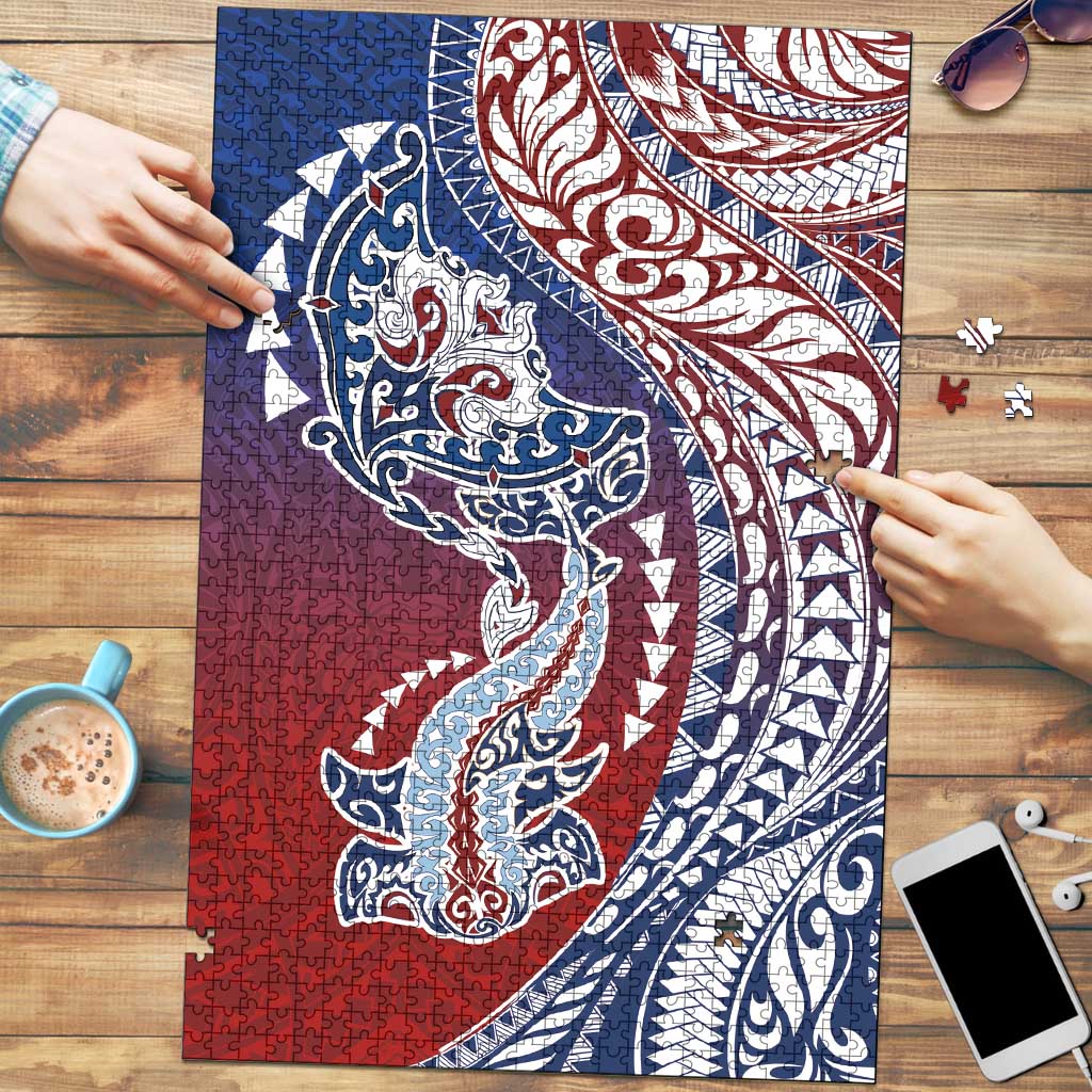 Hawaiian Manta Ray and Hammerhead Shark Tribal Tattoo Puzzle with Polynesian Tribal Pattern Hawaii Flag Color