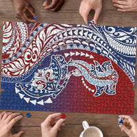 Hawaiian Manta Ray and Hammerhead Shark Tribal Tattoo Puzzle with Polynesian Tribal Pattern Hawaii Flag Color