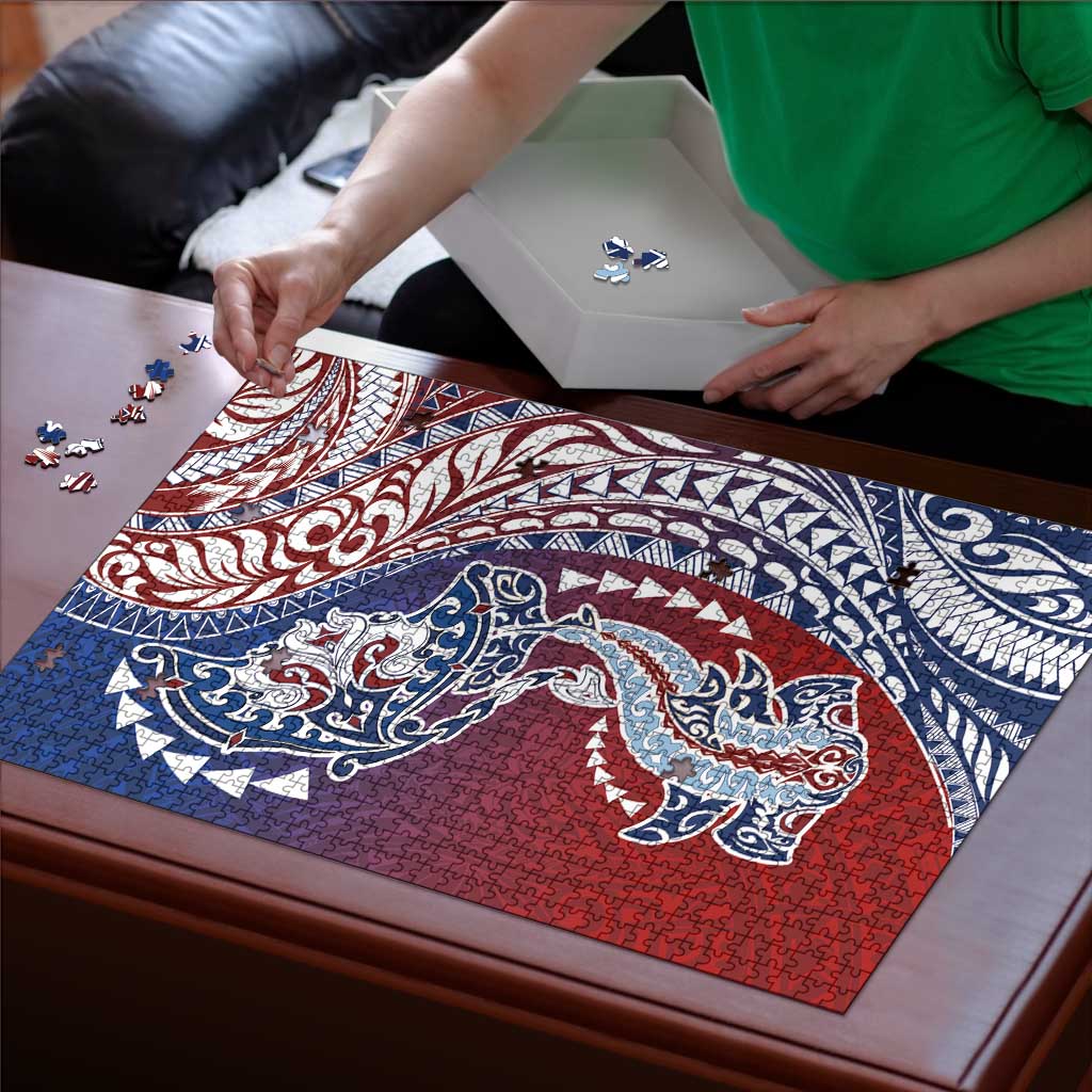 Hawaiian Manta Ray and Hammerhead Shark Tribal Tattoo Puzzle with Polynesian Tribal Pattern Hawaii Flag Color