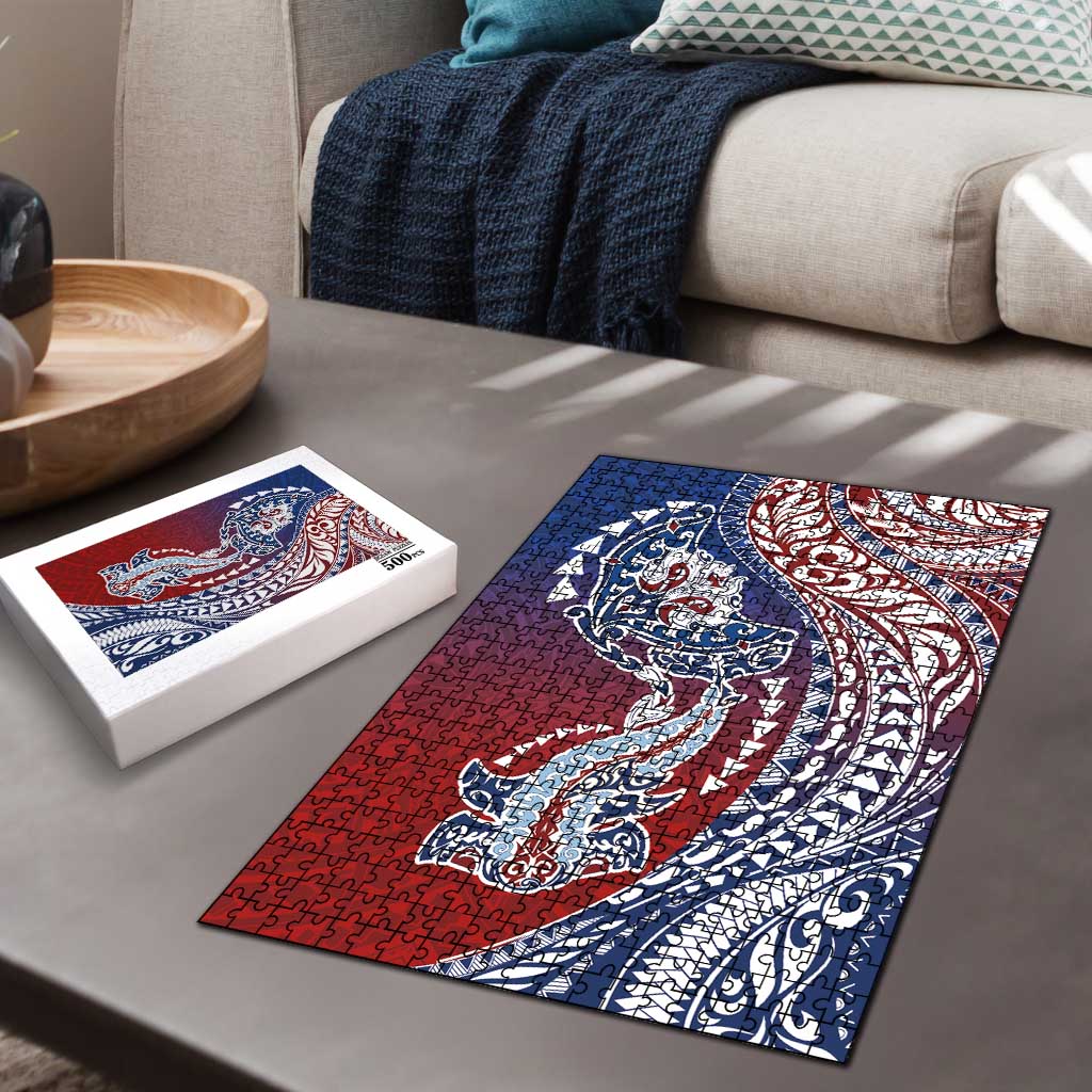 Hawaiian Manta Ray and Hammerhead Shark Tribal Tattoo Puzzle with Polynesian Tribal Pattern Hawaii Flag Color