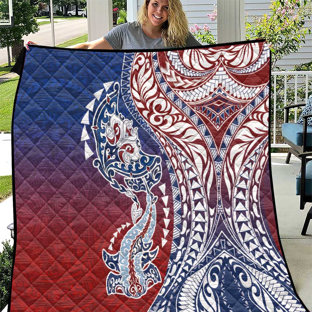 Hawaiian Manta Ray and Hammerhead Shark Tribal Tattoo Quilt with Polynesian Tribal Pattern Hawaii Flag Color