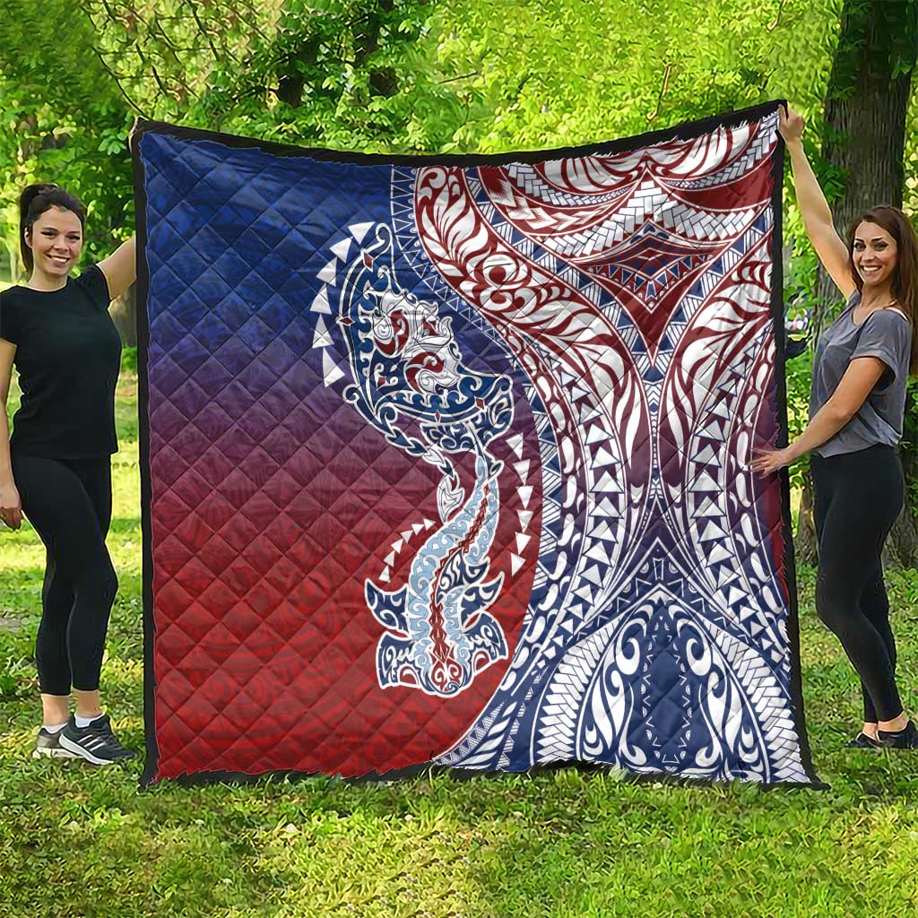 Hawaiian Manta Ray and Hammerhead Shark Tribal Tattoo Quilt with Polynesian Tribal Pattern Hawaii Flag Color