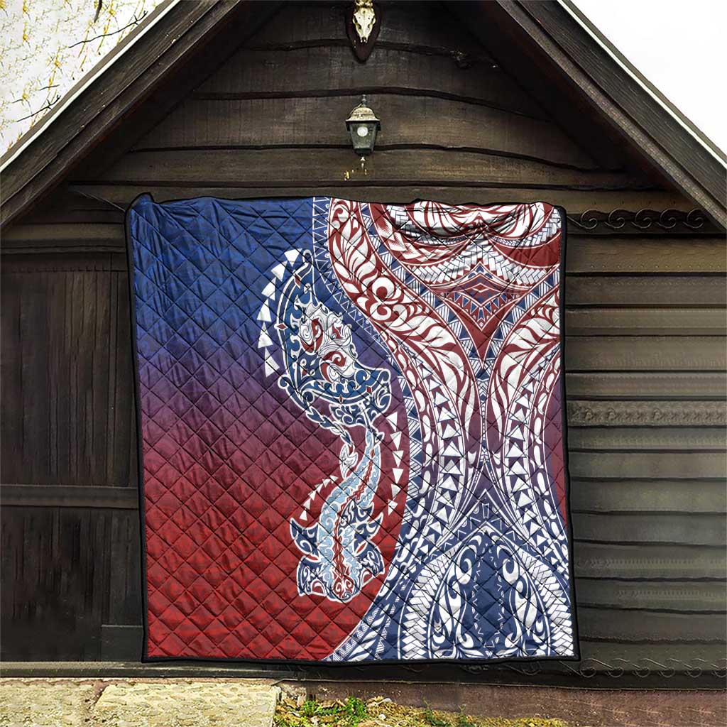 Hawaiian Manta Ray and Hammerhead Shark Tribal Tattoo Quilt with Polynesian Tribal Pattern Hawaii Flag Color