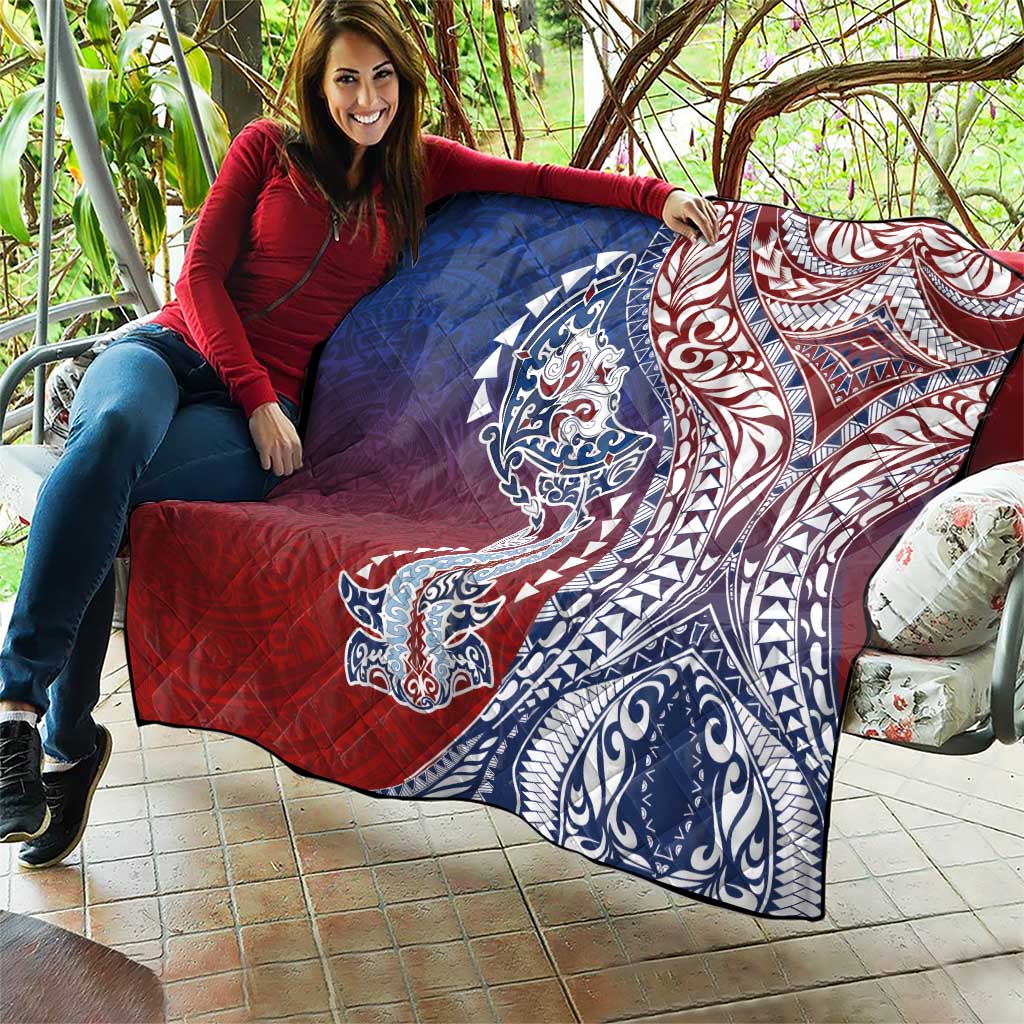 Hawaiian Manta Ray and Hammerhead Shark Tribal Tattoo Quilt with Polynesian Tribal Pattern Hawaii Flag Color