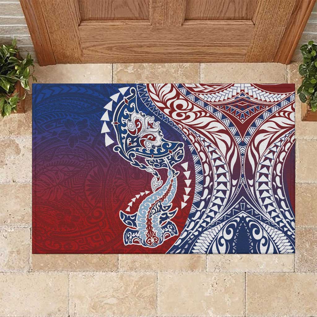 Hawaiian Manta Ray and Hammerhead Shark Tribal Tattoo Rubber Doormat with Polynesian Tribal Pattern Hawaii Flag Color