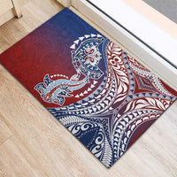 Hawaiian Manta Ray and Hammerhead Shark Tribal Tattoo Rubber Doormat with Polynesian Tribal Pattern Hawaii Flag Color