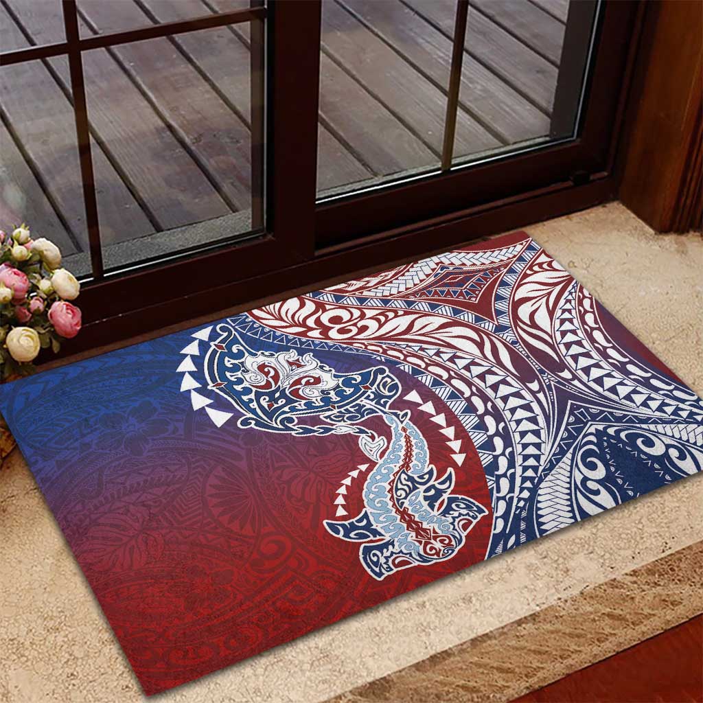 Hawaiian Manta Ray and Hammerhead Shark Tribal Tattoo Rubber Doormat with Polynesian Tribal Pattern Hawaii Flag Color