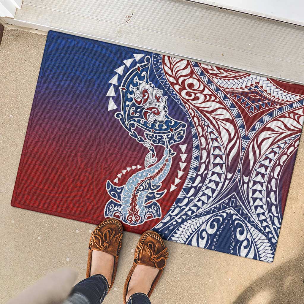 Hawaiian Manta Ray and Hammerhead Shark Tribal Tattoo Rubber Doormat with Polynesian Tribal Pattern Hawaii Flag Color