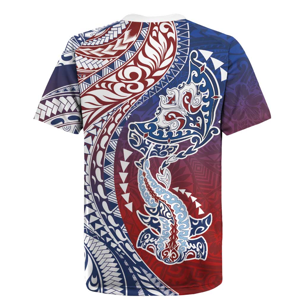 Hawaiian Manta Ray and Hammerhead Shark Tribal Tattoo Rugby Jersey with Polynesian Tribal Pattern Hawaii Flag Color