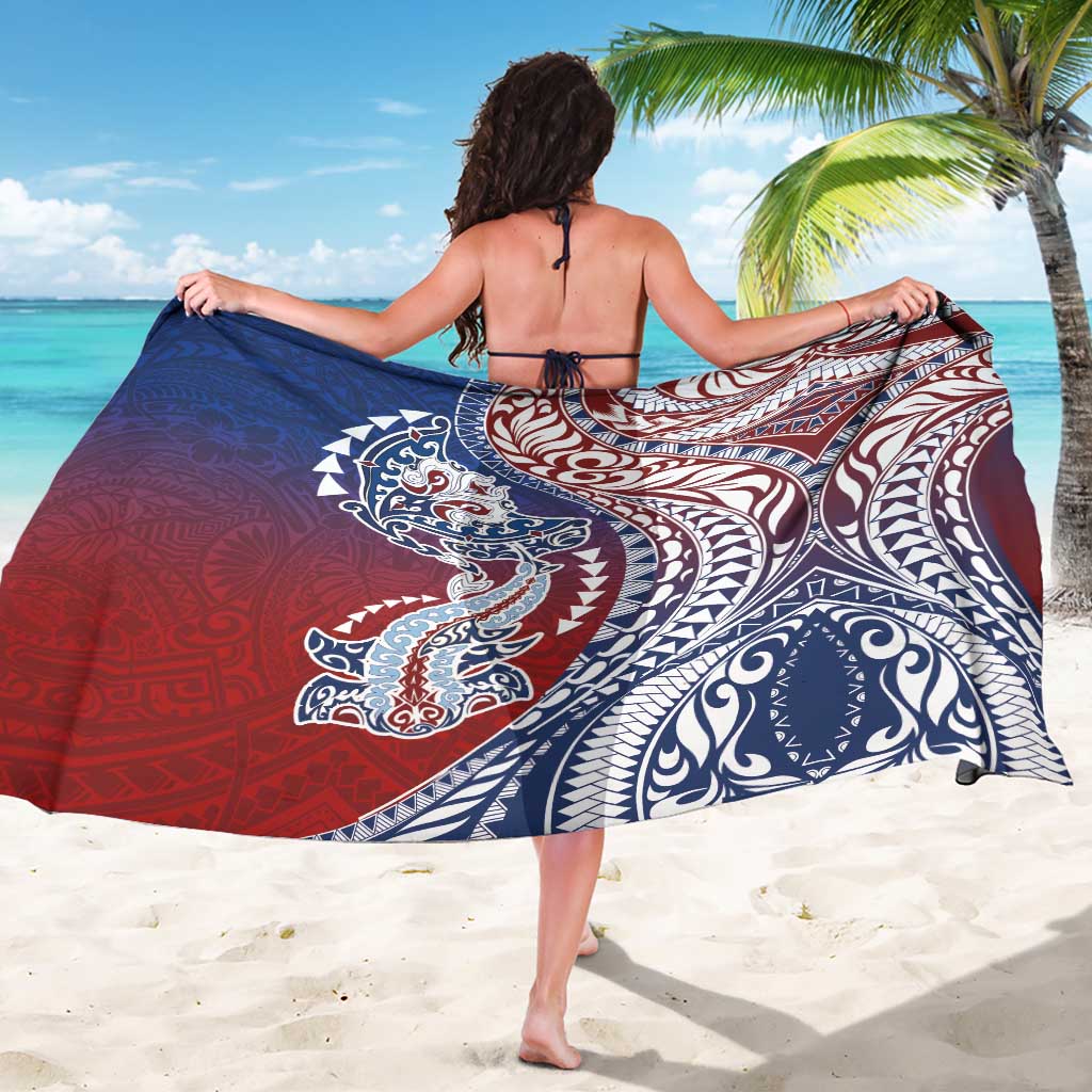 Hawaiian Manta Ray and Hammerhead Shark Tribal Tattoo Sarong with Polynesian Tribal Pattern Hawaii Flag Color