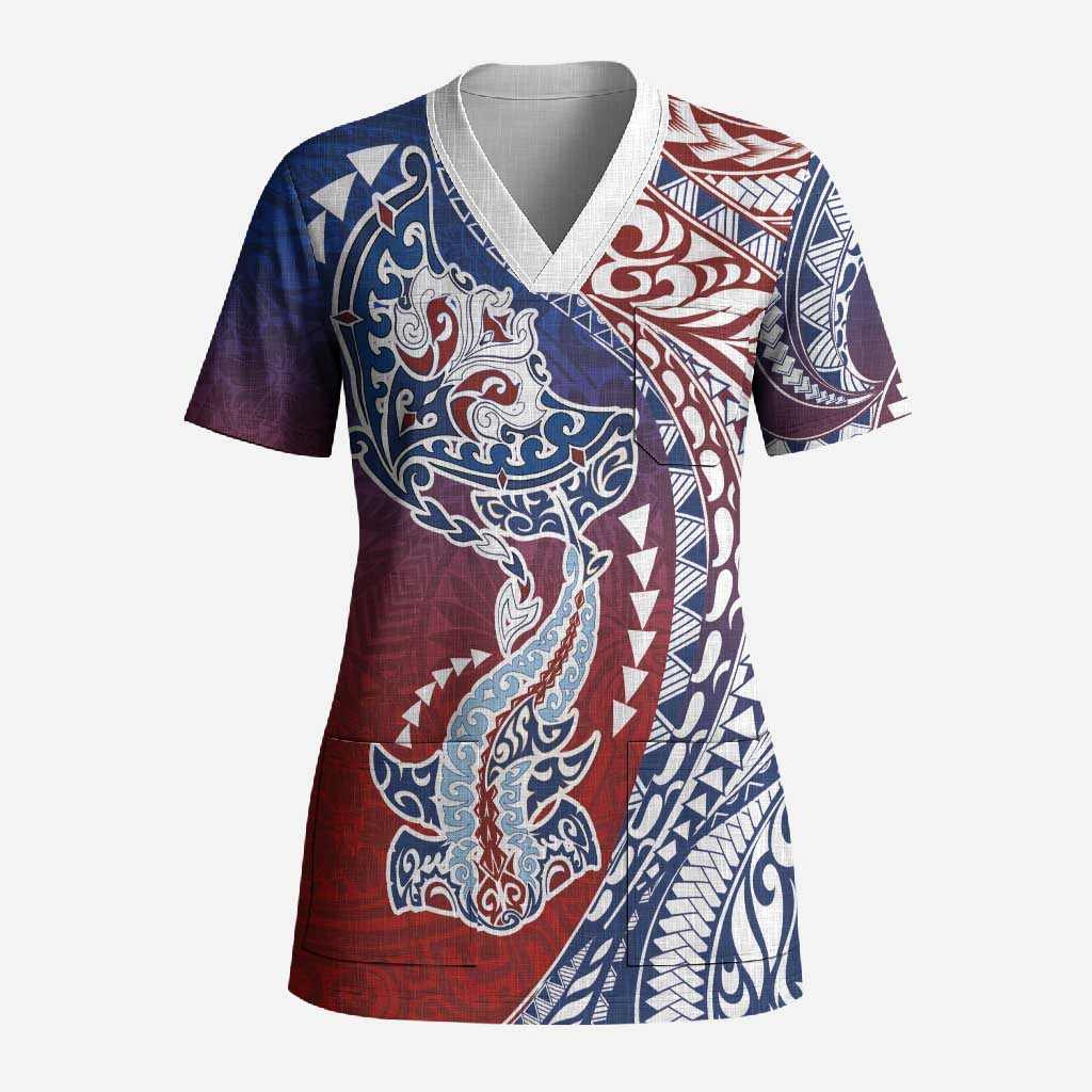 Hawaiian Manta Ray and Hammerhead Shark Tribal Tattoo Scrub Top with Polynesian Tribal Pattern Hawaii Flag Color