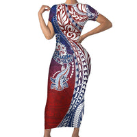 Hawaiian Manta Ray and Hammerhead Shark Tribal Tattoo Short Sleeve Bodycon Dress with Polynesian Tribal Pattern Hawaii Flag Color