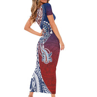 Hawaiian Manta Ray and Hammerhead Shark Tribal Tattoo Short Sleeve Bodycon Dress with Polynesian Tribal Pattern Hawaii Flag Color