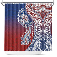 Hawaiian Manta Ray and Hammerhead Shark Tribal Tattoo Shower Curtain with Polynesian Tribal Pattern Hawaii Flag Color