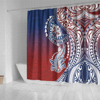 Hawaiian Manta Ray and Hammerhead Shark Tribal Tattoo Shower Curtain with Polynesian Tribal Pattern Hawaii Flag Color