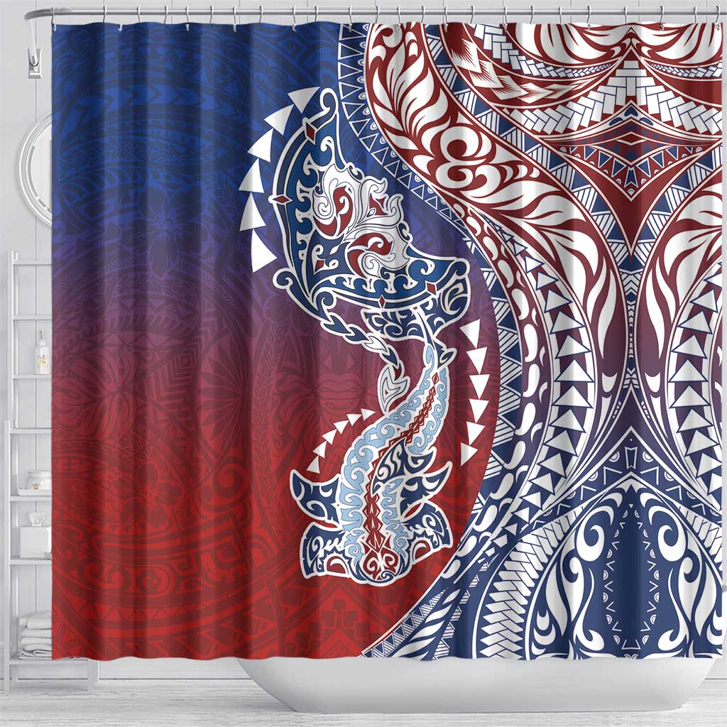 Hawaiian Manta Ray and Hammerhead Shark Tribal Tattoo Shower Curtain with Polynesian Tribal Pattern Hawaii Flag Color