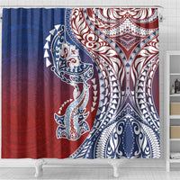 Hawaiian Manta Ray and Hammerhead Shark Tribal Tattoo Shower Curtain with Polynesian Tribal Pattern Hawaii Flag Color