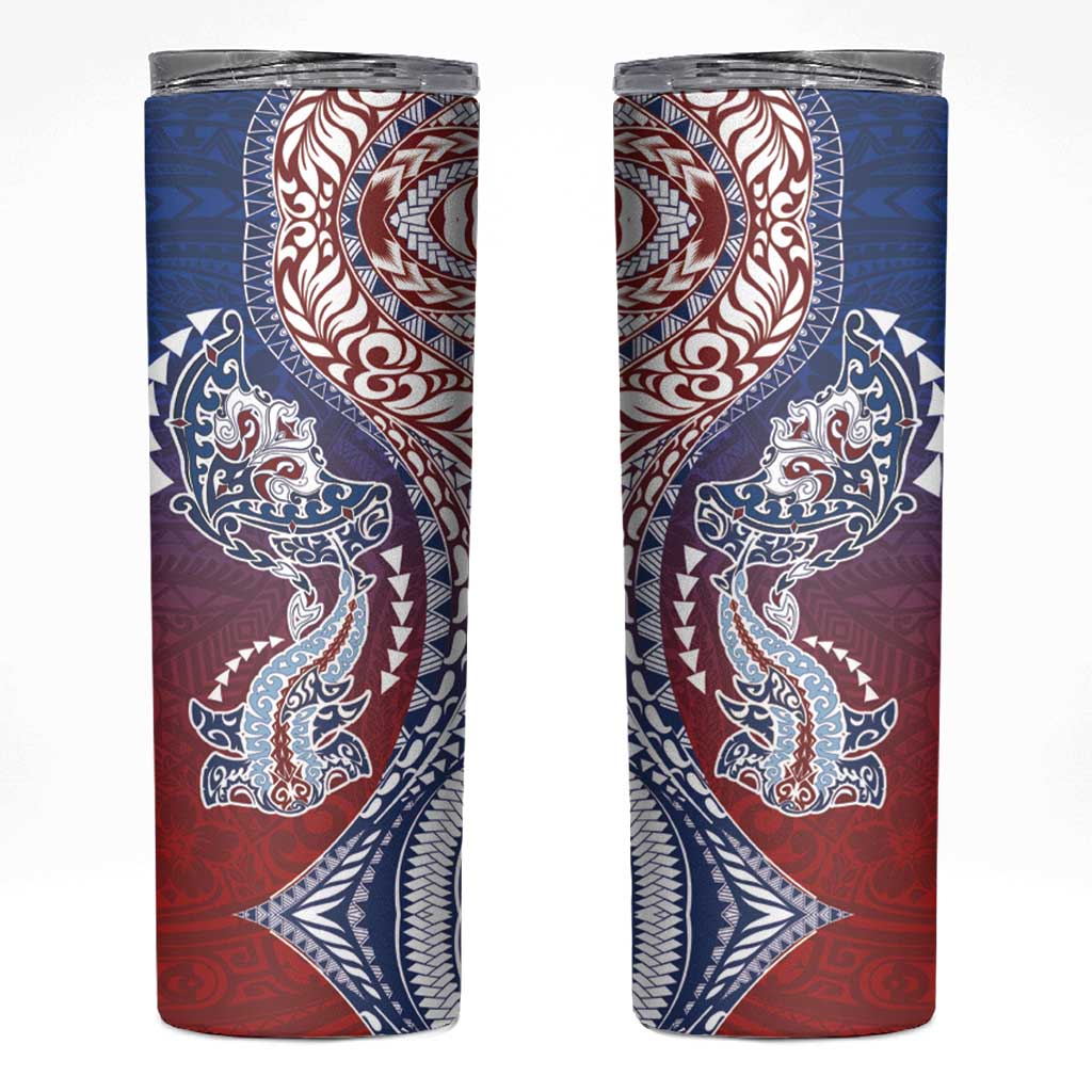 Hawaiian Manta Ray and Hammerhead Shark Tribal Tattoo Skinny Tumbler with Polynesian Tribal Pattern Hawaii Flag Color