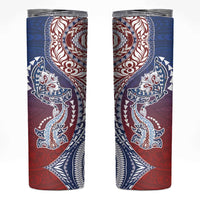 Hawaiian Manta Ray and Hammerhead Shark Tribal Tattoo Skinny Tumbler with Polynesian Tribal Pattern Hawaii Flag Color